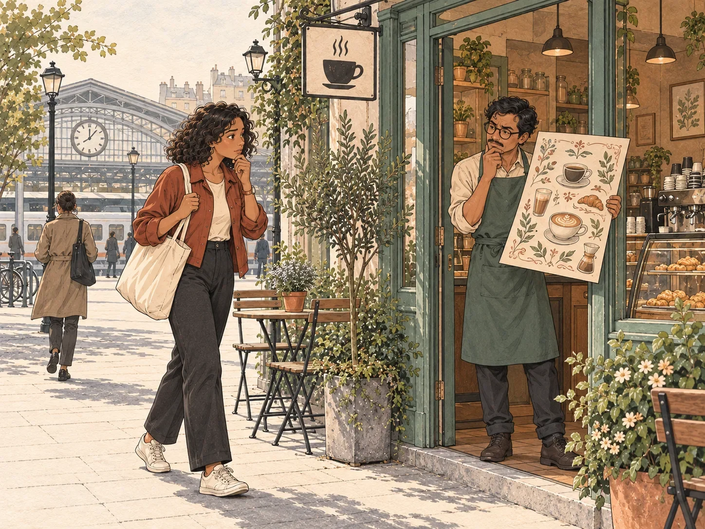 The cafe owner considers a new menu while customers hesitate near the entrance.