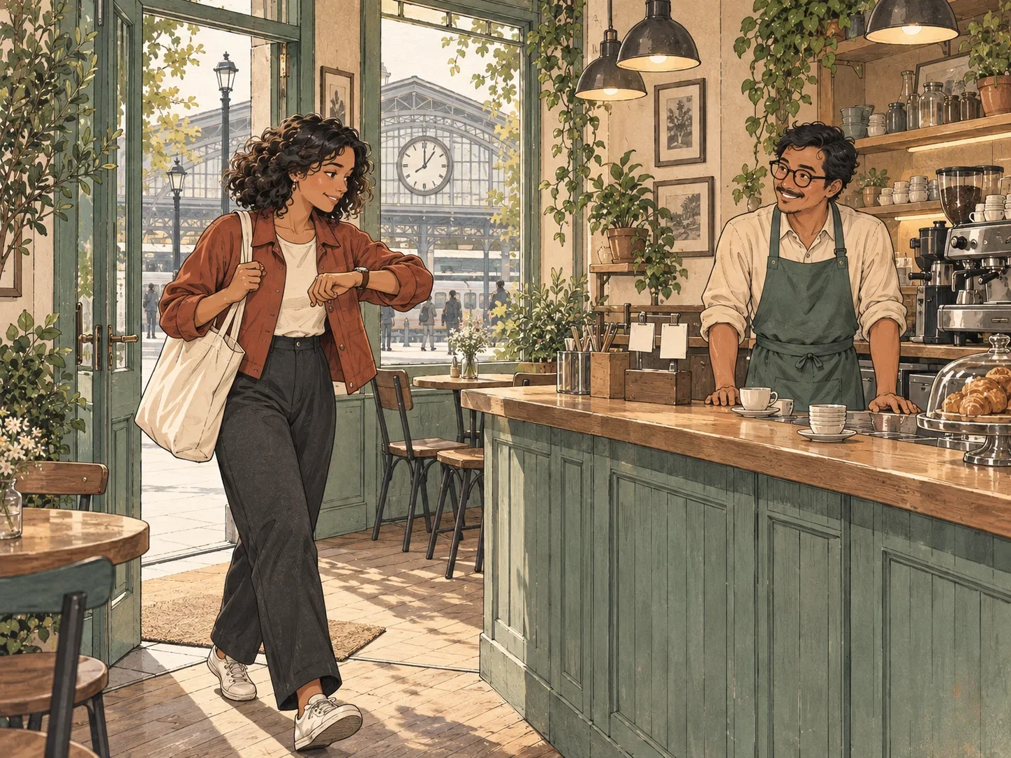 The owner and commuter consider the same counter, with the shop and the waiting train in view.