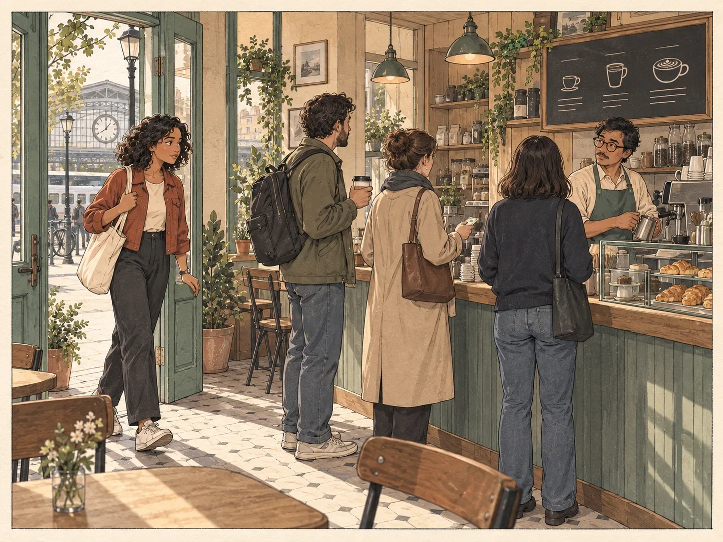 People waiting for drinks mingle with people trying to order at the cafe counter.